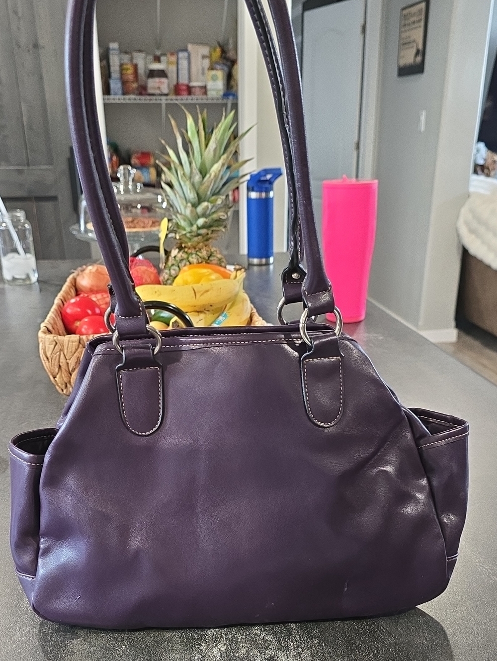 Rosetti Plum Purple PVC Shoulder Bag Double Strap Front Zip Pocket
